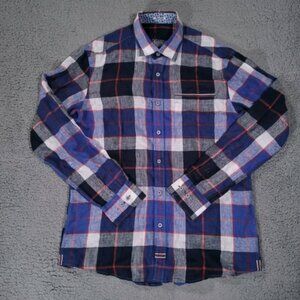 Bugatchi Uomo Mens Large Shirt Shaped Fit Long Sleeve Button Up Multicolor Linen